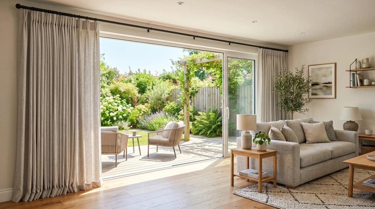 A living room slider with linen curtains and a sheer on one track run, hung close to the ceiling and stacked clear of the opening