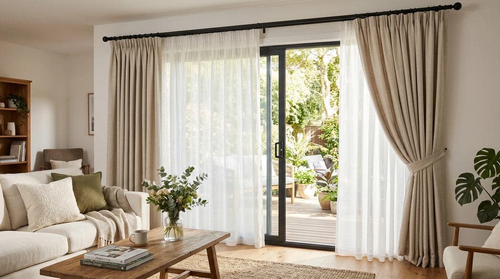 A sliding door with a sheer drawn across the glass and heavier linen curtains held off the door swing