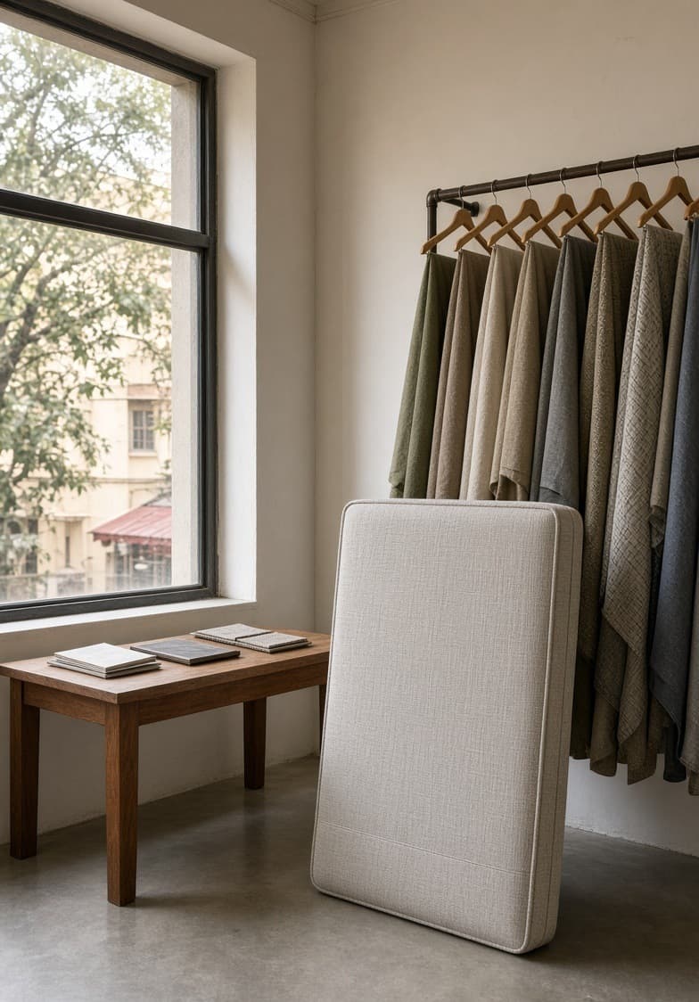 Cloth books and mattresses in daylight in the Banjara Hills showroom, which is the fastest way to judge both