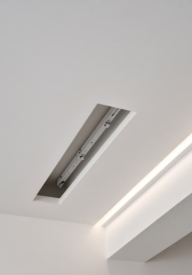 A recessed curtain-track pocket in a false ceiling, with the track sitting inside it and the ceiling closing flush around it