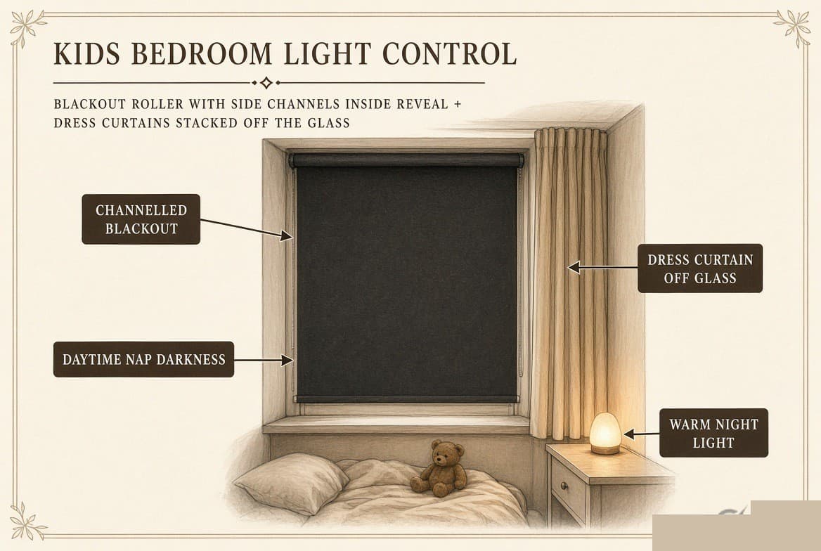 A child’s bedroom with a channelled blackout roller inside the reveal for daytime nap darkness, a dress curtain stacked off the glass, and a warm night light low on the bedside