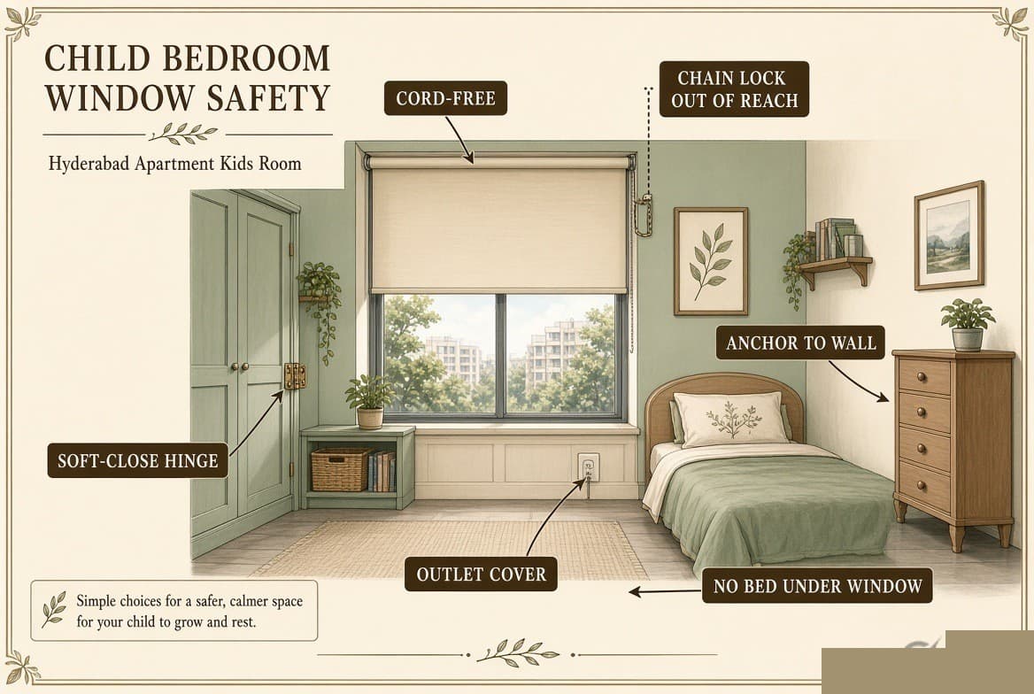 A child’s bedroom annotated for safety — a cord-free blind, the chain lock out of reach, storage anchored to the wall, soft-close hinges, outlet covers, and no bed under the window