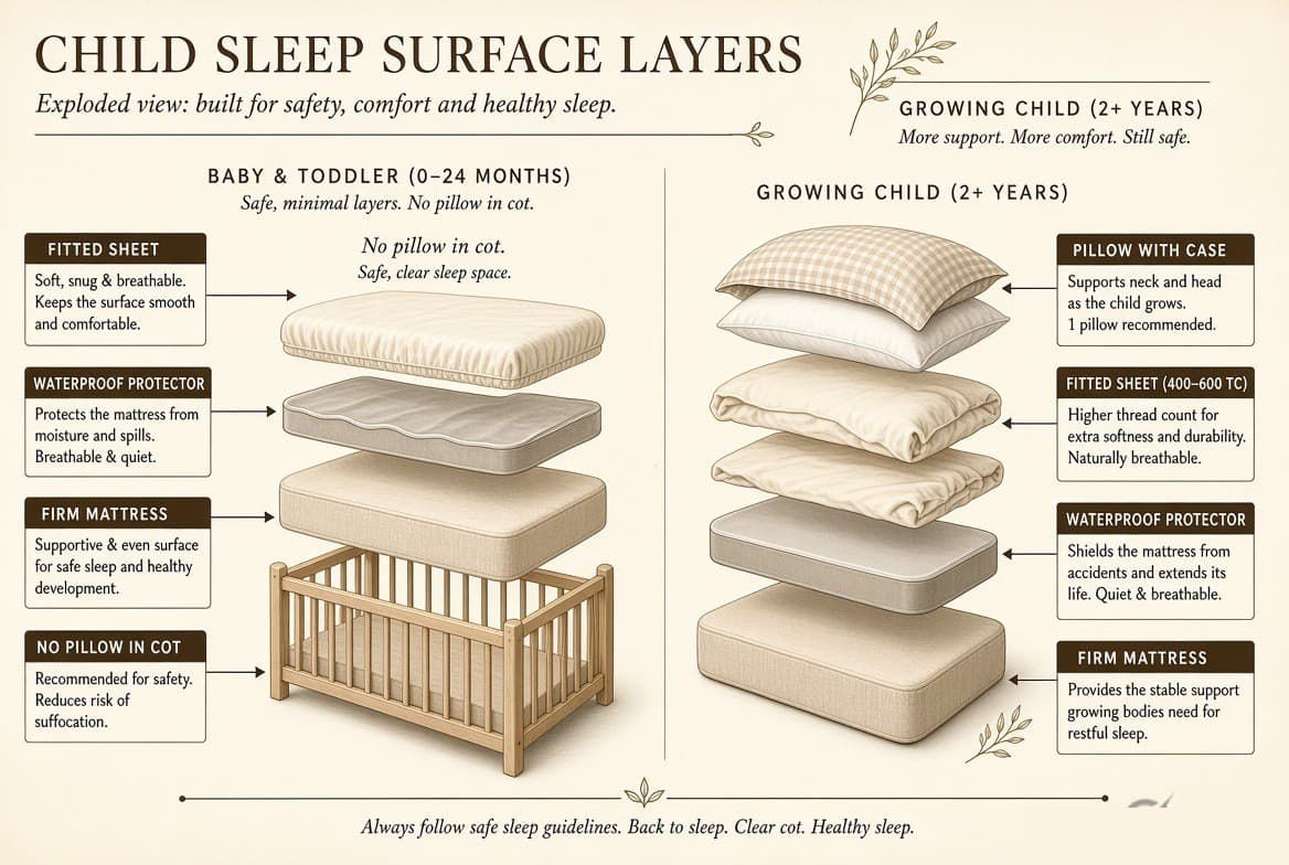 An exploded view of a child’s sleep surface at two ages — a cot with a firm mattress, waterproof protector and fitted sheet and no pillow, and a growing child’s bed with a firm mattress, protector, higher thread-count fitted sheet and one pillow