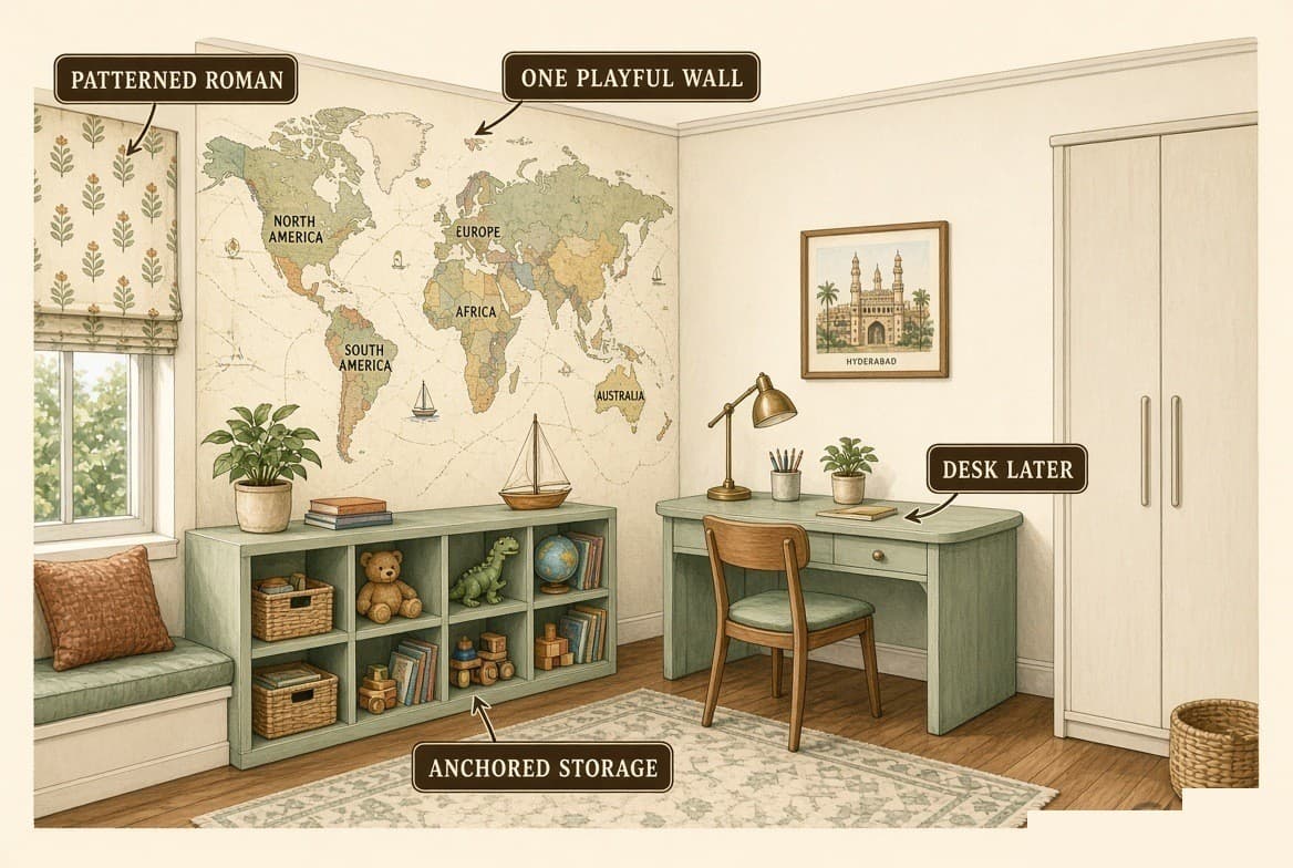 A child’s bedroom with one patterned world-map wall, a patterned Roman blind, anchored open storage and space left for a desk