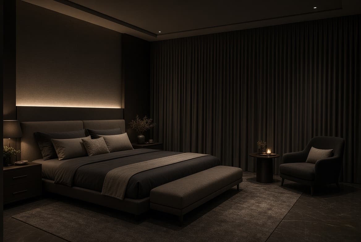 Master bedroom with full blackout curtains closed for deep sleep