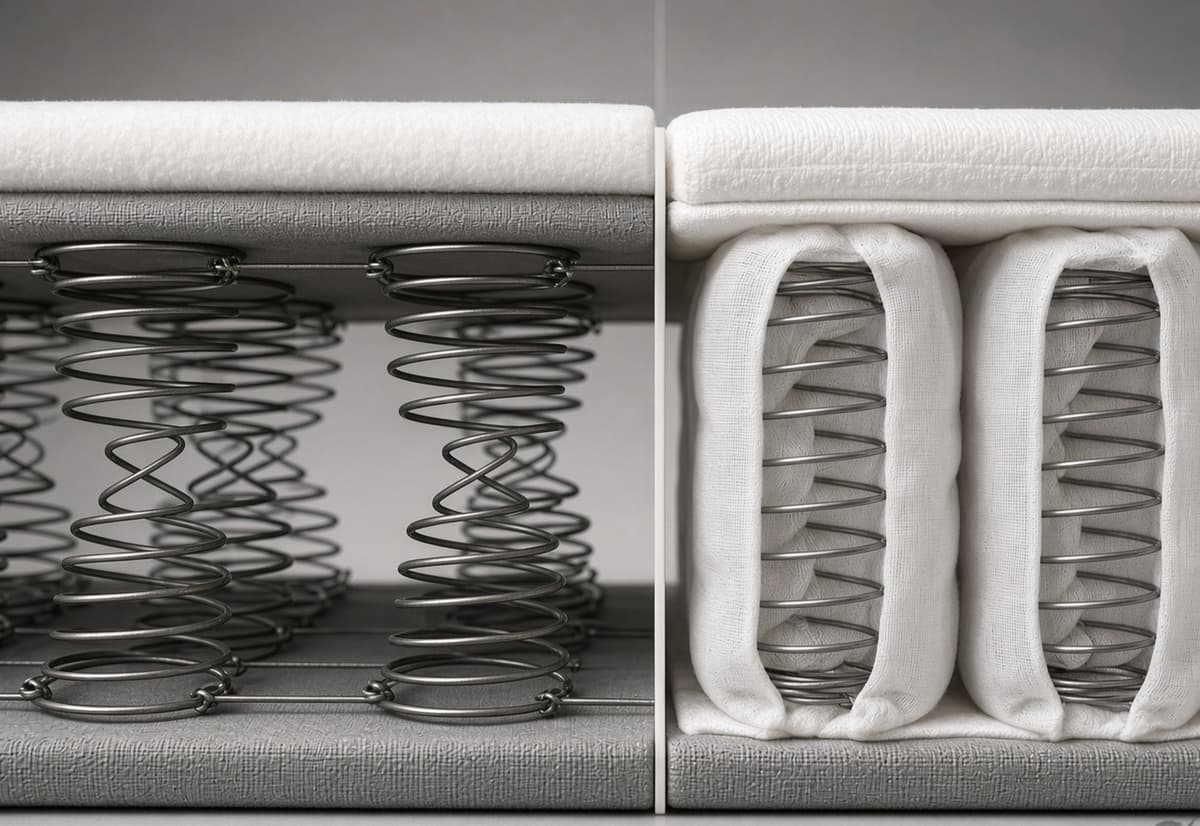 A Bonnell coil unit and a pocket spring unit cut open side by side — hourglass coils wired together on the left, individually pocketed coils in fabric socks on the right
