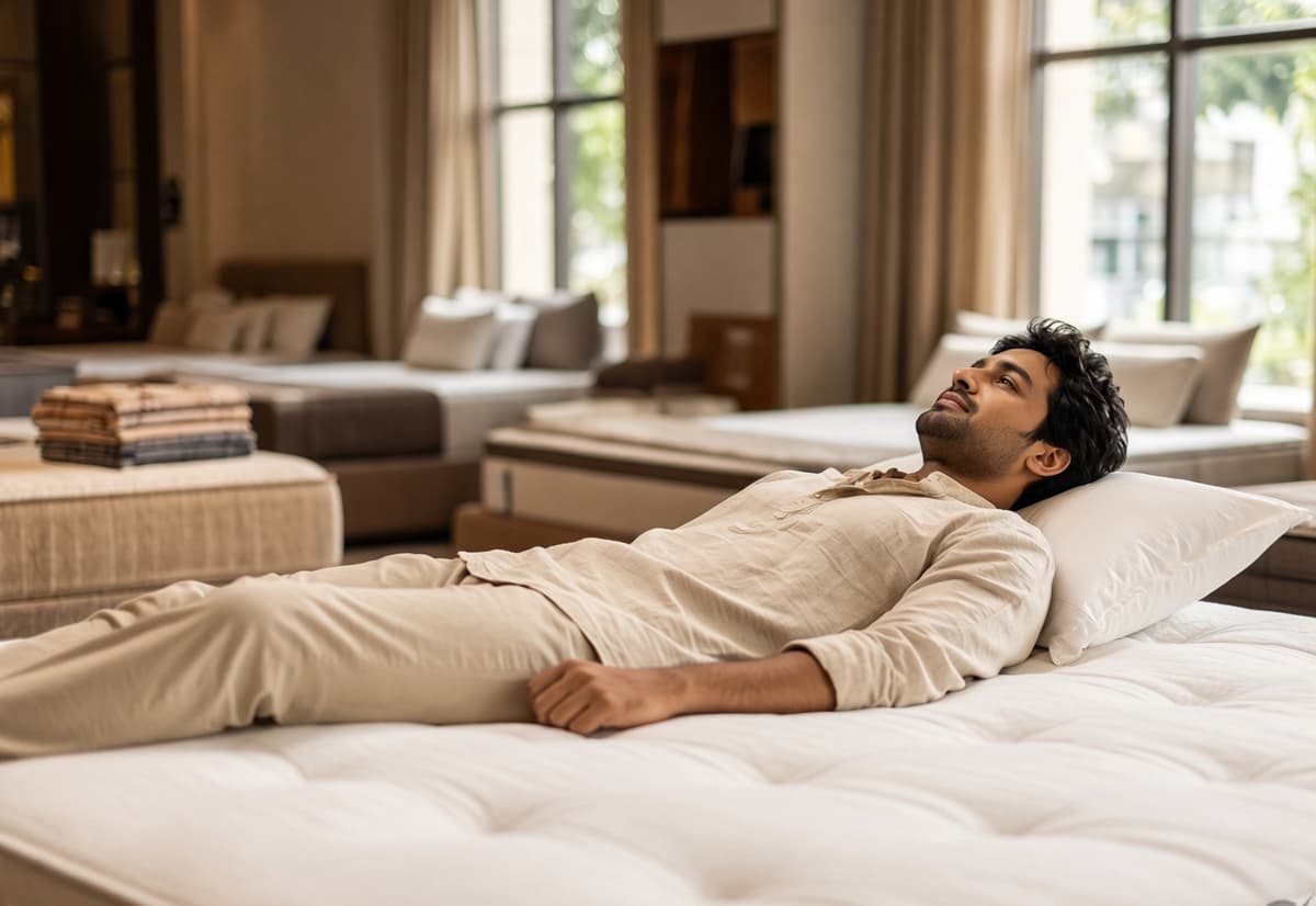 A man lying full length on a mattress in a showroom, testing it in the position he actually sleeps in