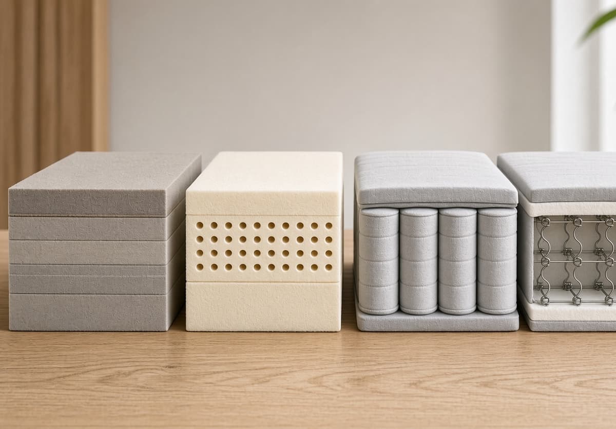 Four mattress constructions cut open side by side — memory foam, natural latex with pin cores, pocket spring in fabric socks, and a Bonnell coil unit