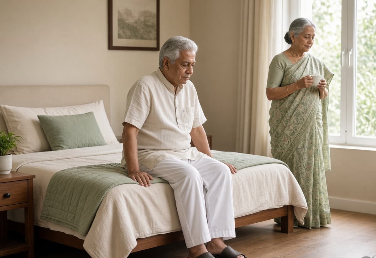An older man sitting on the edge of a bed, about to stand, with his wife by the window behind him