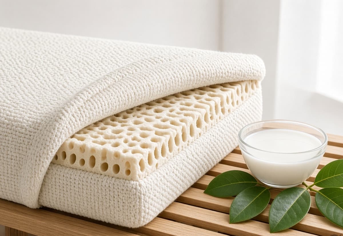 A knitted mattress cover folded back to show the moulded latex block beneath it, with a bowl of latex and rubber-tree leaves beside it