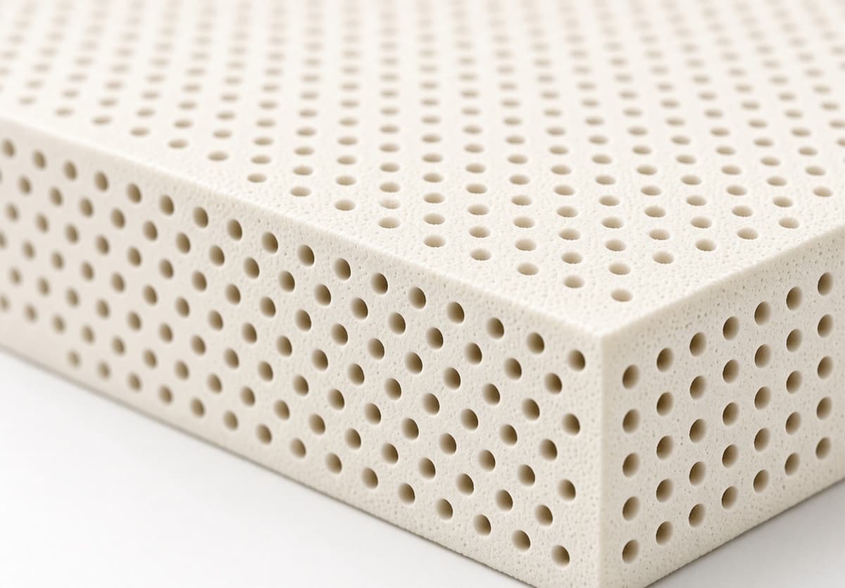 A close-up corner of a natural latex block showing rows of moulded pin cores through the foam