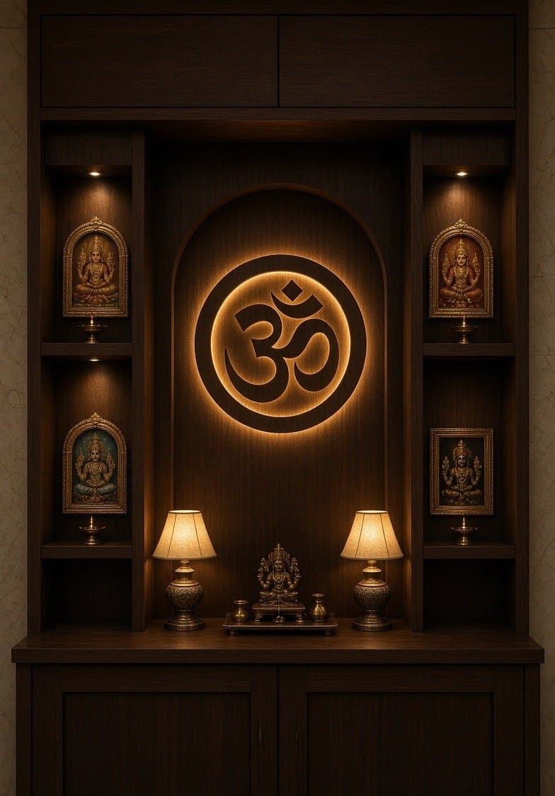 A recessed bay with a backlit motif behind it and small framed pictures in lit side niches.