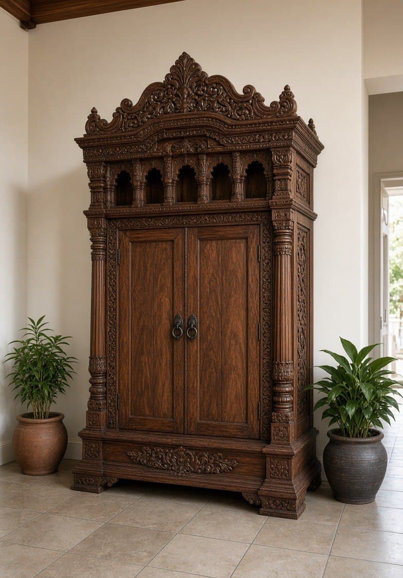 A carved timber pooja cabinet standing against a plain wall, doors closed, plants either side.