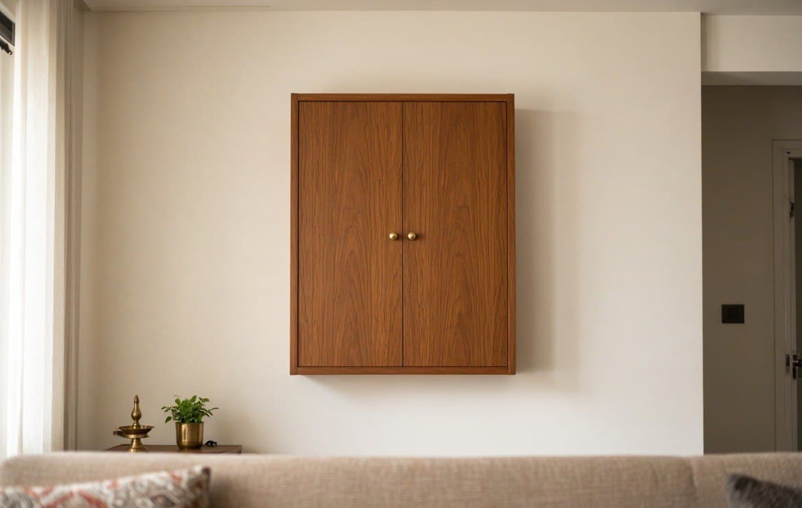 A closed timber wall unit, shut, reading as a plain cabinet against the wall.