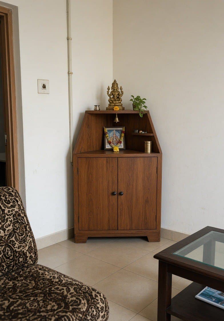 A timber corner unit with a shelf above the closed cupboard and a small framed picture on it.
