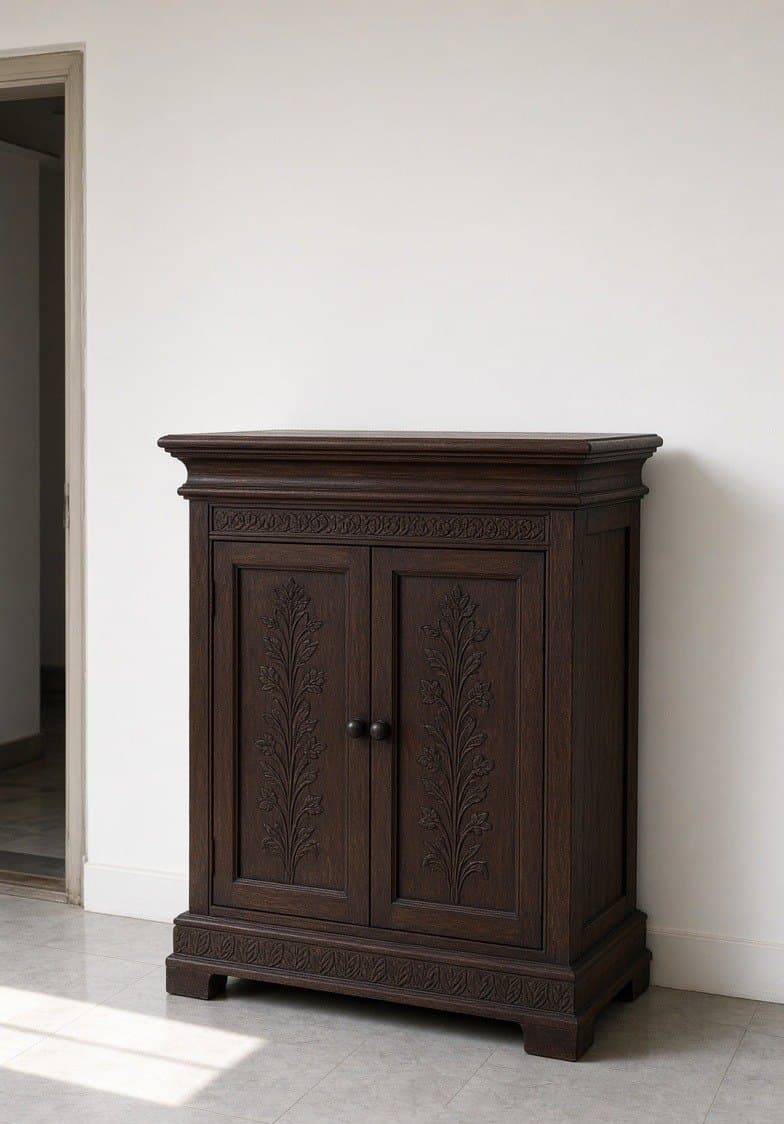 A dark freestanding timber cabinet with panelled doors, shut.