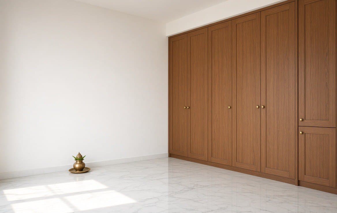 A room left almost empty in the north-east, with morning light across the floor and storage kept to the far wall.