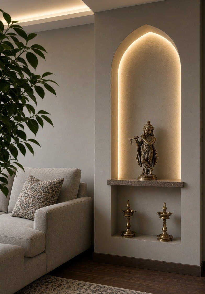 A single brass figure standing in a lit arched niche beside a living room sofa.