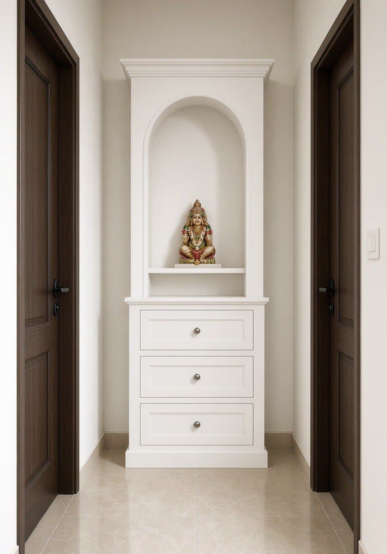 A narrow white mandir tower standing in a passage between two doors, with drawers under a lit niche.