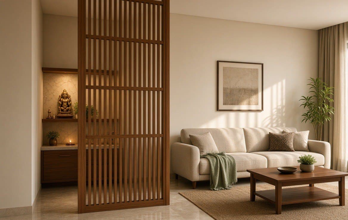 A slatted timber partition standing between a living room sofa and a lit shrine bay behind it.