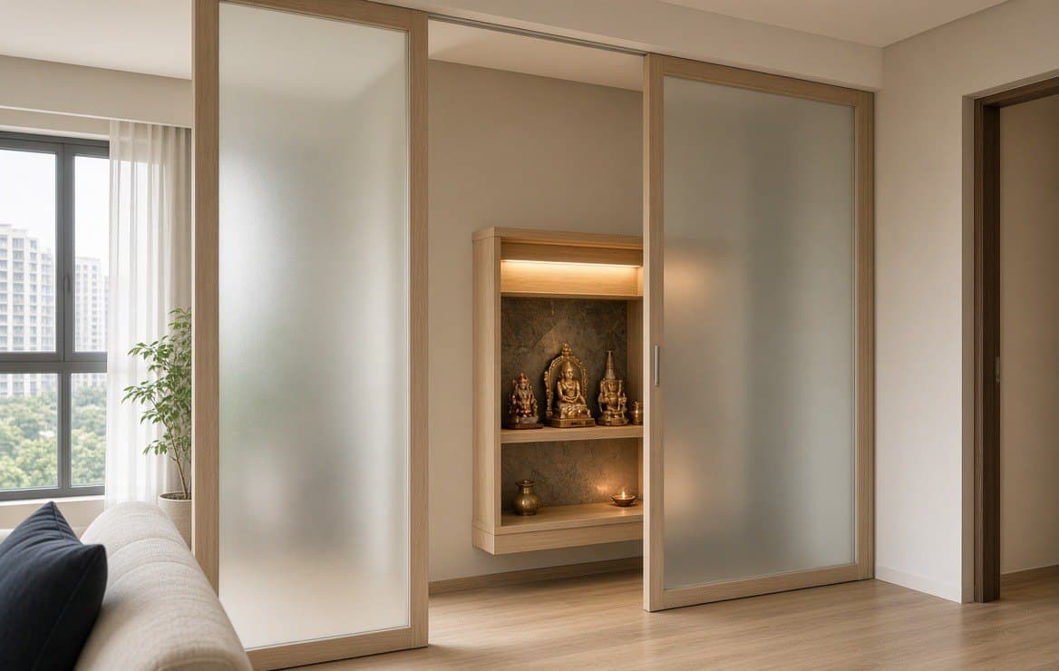A frosted glass slider part-drawn across a small shrine bay off a living room.