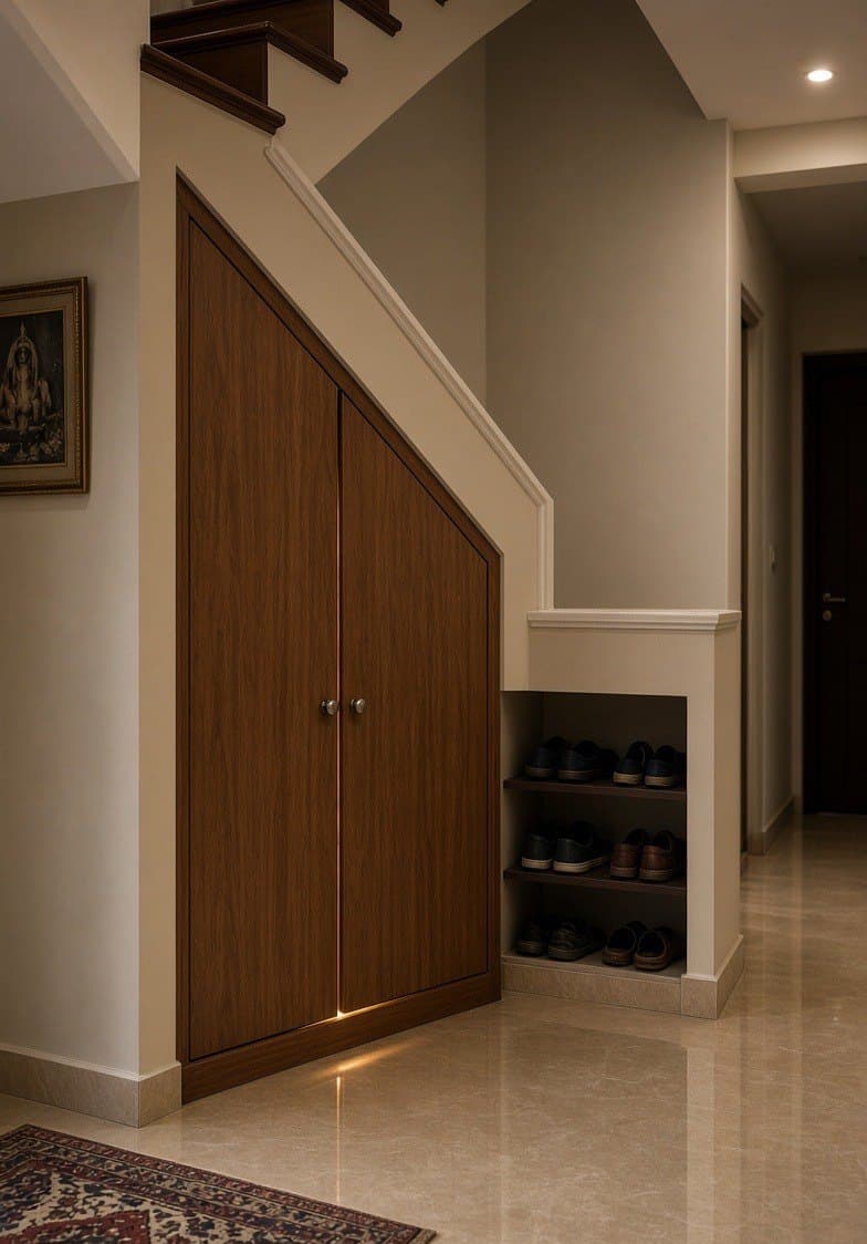 A closed timber unit built into the space under a staircase, lit inside, with the shoe storage on the far side of the hall.