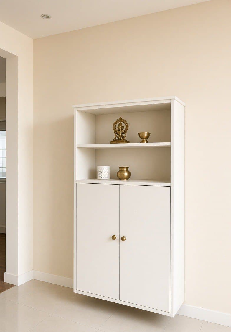 A white open unit with shelves and brass vessels, closed cupboards below.