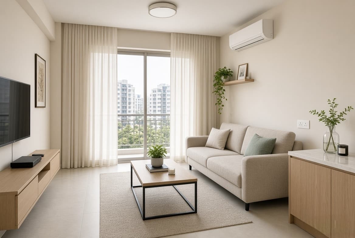 Small apartment living room with space-efficient window treatments