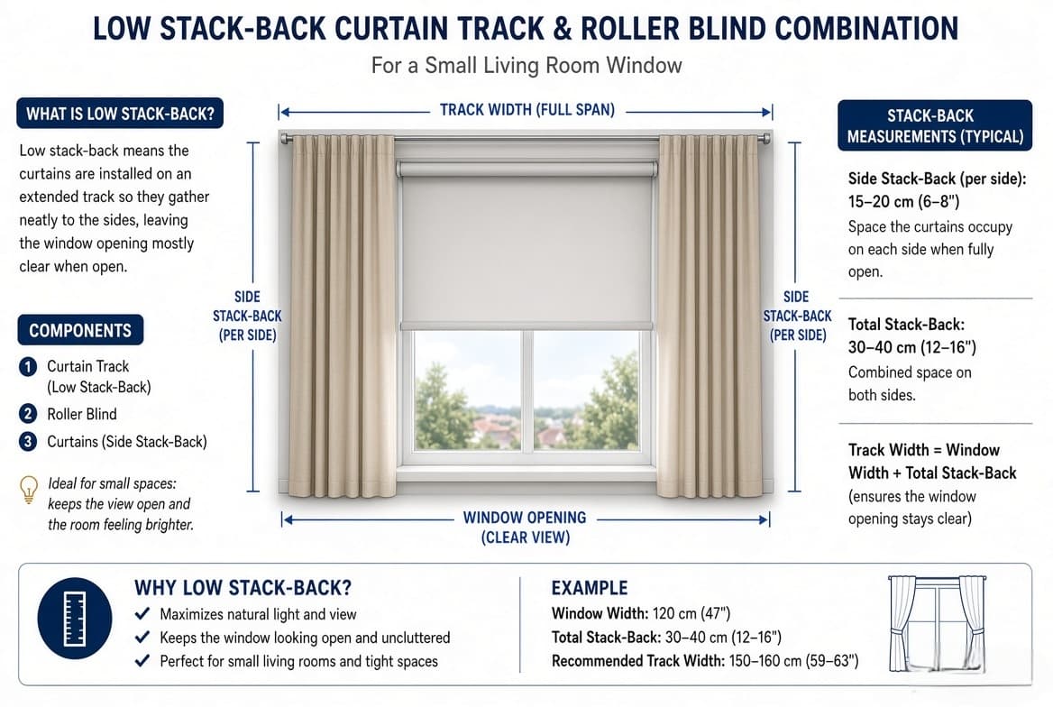 How a low stack-back track and roller blind sit together: the track runs past the window by the stack-back on each side, so the opening stays clear when the curtains are open