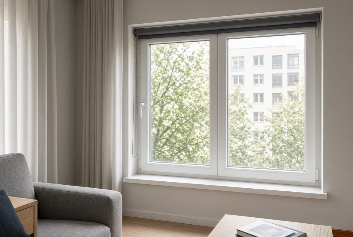 Roller blind and curtain combination in a compact living room