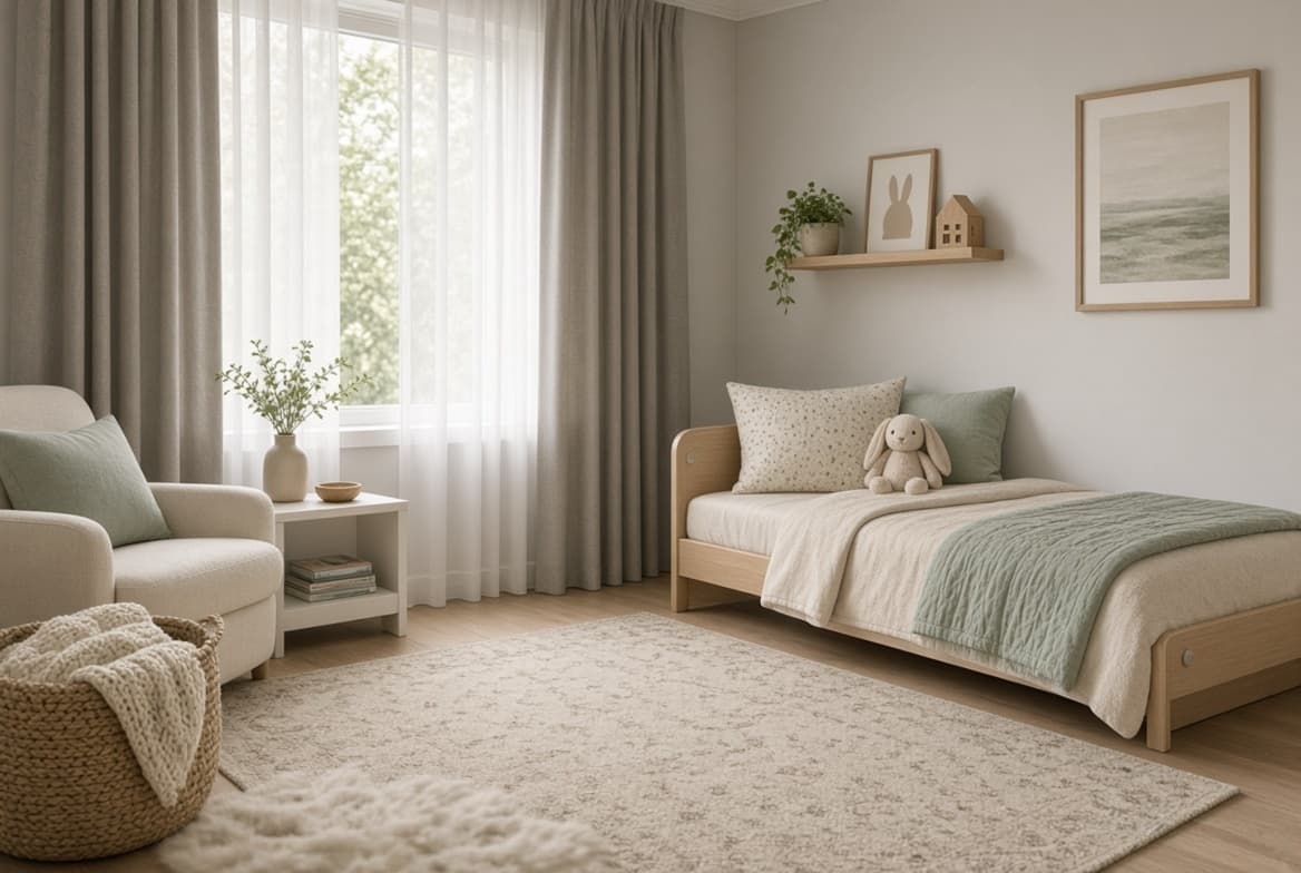 Softly darkened nursery with layered window treatments