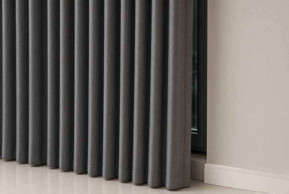 A blackout curtain returned to the wall at the side of the window, closing the gap the low sun would otherwise come through