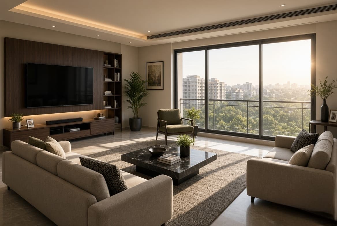 A west-facing living room with unscreened floor-to-ceiling glass, late afternoon sun throwing long shadows across the rug and coffee table