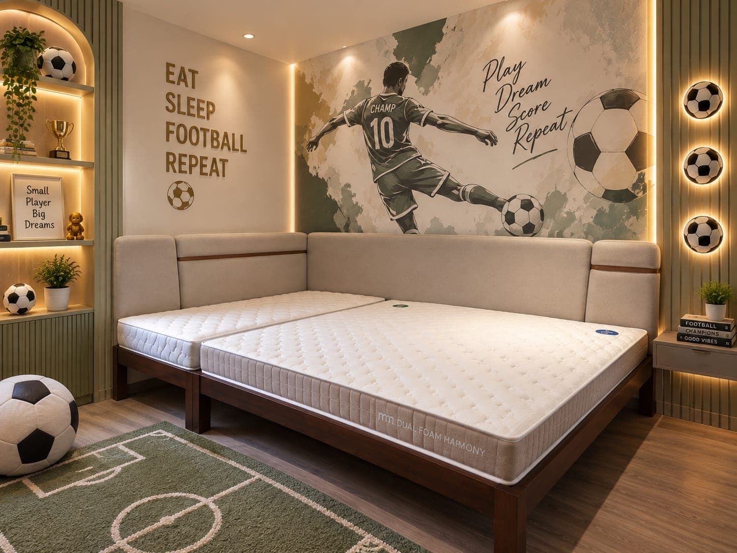 A child’s bedroom at Aparna Zenon with a football mural papered across the bed wall — an illustrated player in green and sand — raised gold lettering on the return wall, three football wall lights on fluted green panelling, a lit arched niche holding a trophy, two beds pushed together under an L-shaped oatmeal upholstered headboard, and a pitch-marked rug on the floor.