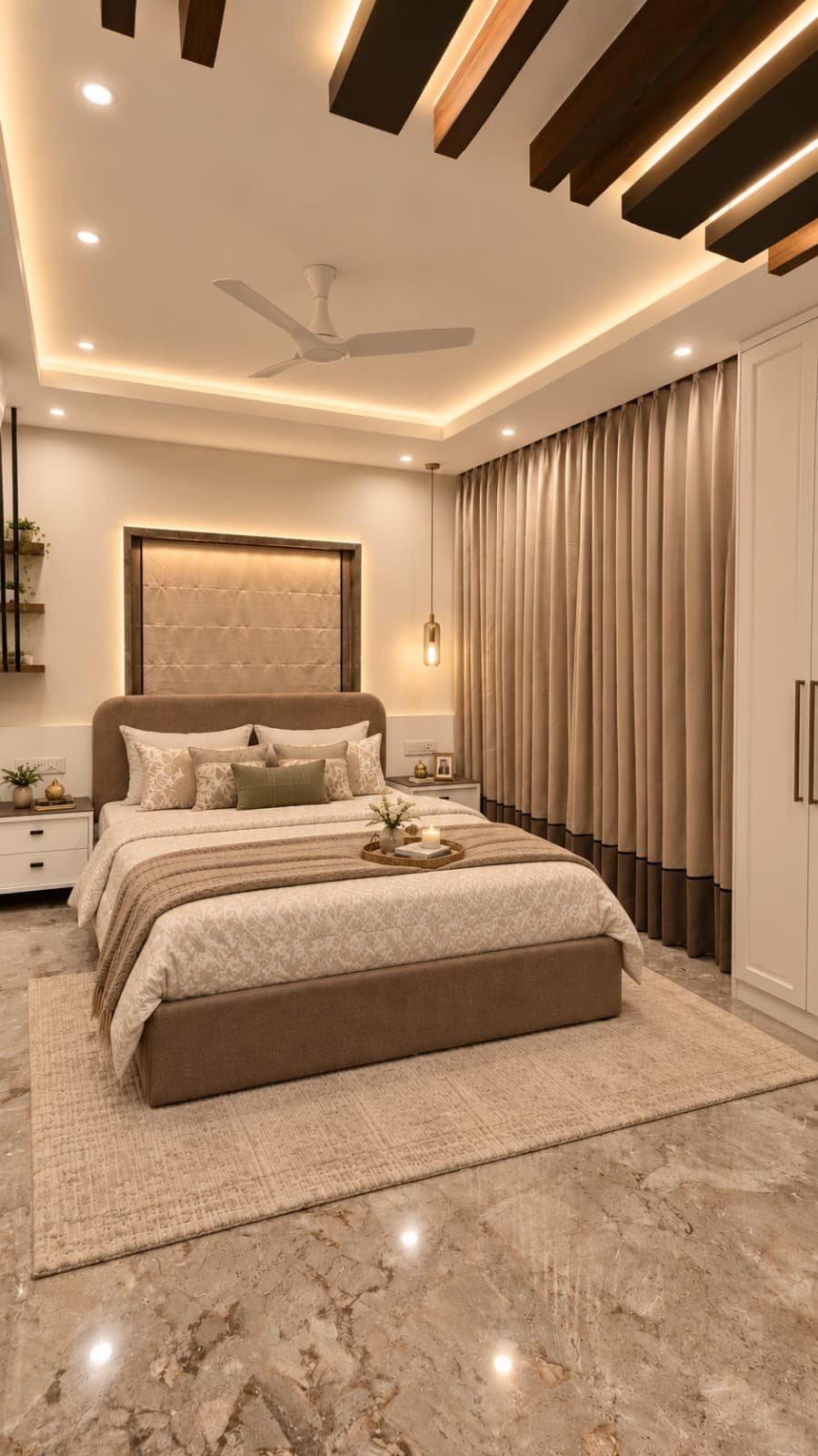 The same bedroom from the foot of the bed, showing the full run of embossed beige curtains with their brown bottom border, the wardrobe beside them, and the timber rafters and cove lighting in the ceiling above.