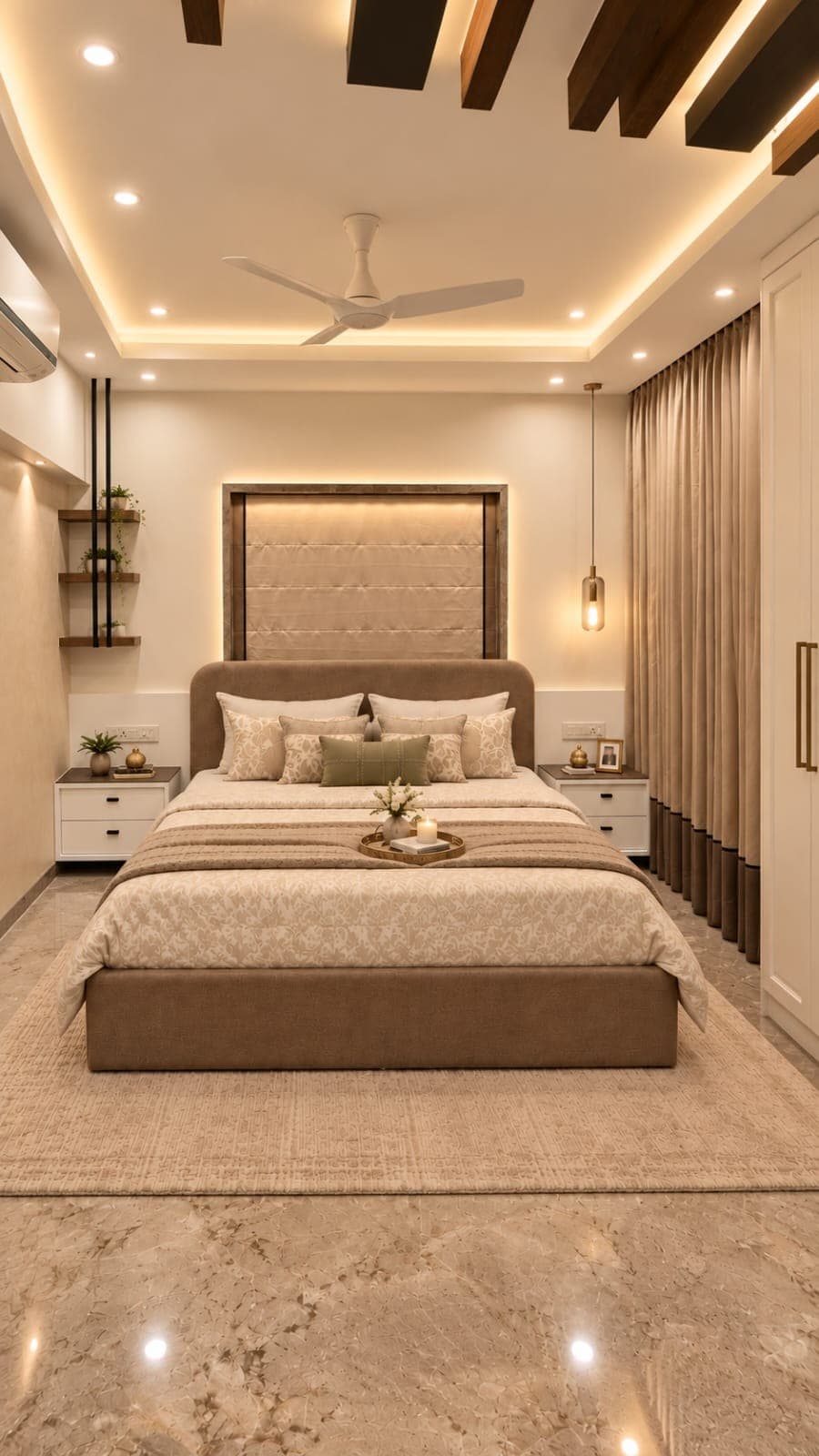 The master bedroom at Aparna Zenon seen straight on — a tall channel-panelled headboard lit from behind inside a dark timber frame, a rounded brown upholstered bed below it, cream and beige bedding with one green cushion, white bedside units, and floor-length beige curtains with a brown band along the bottom running the length of the window wall.