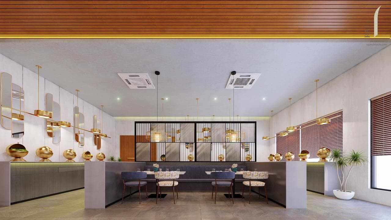 A visualisation of the dining room at Lore Resorts and Conventions: a servery counter under a timber slat ceiling, banquette seating behind it, upholstered chairs, and a timber-slat blind across the window on the right.
