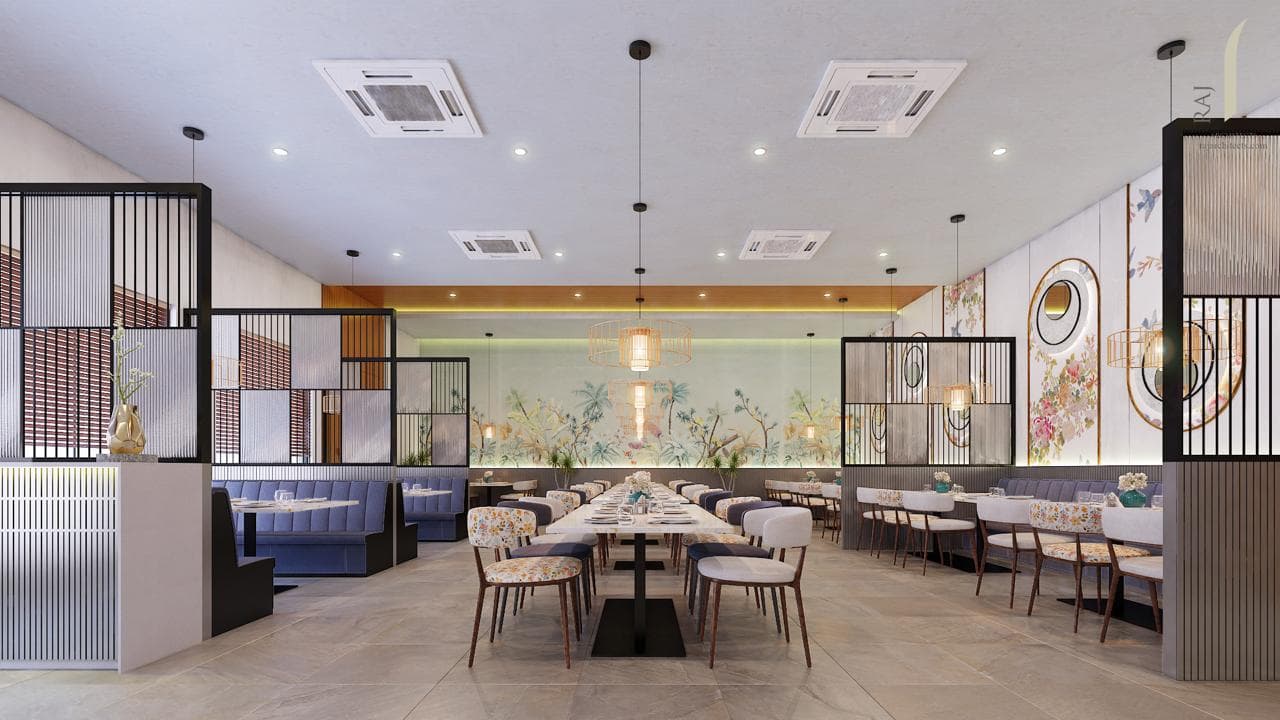 A visualisation of the restaurant at Lore Resorts and Conventions: booth seating in blue, dining chairs upholstered in a floral print and in cream, black metal screens between the bays and a painted botanical mural along the far wall.