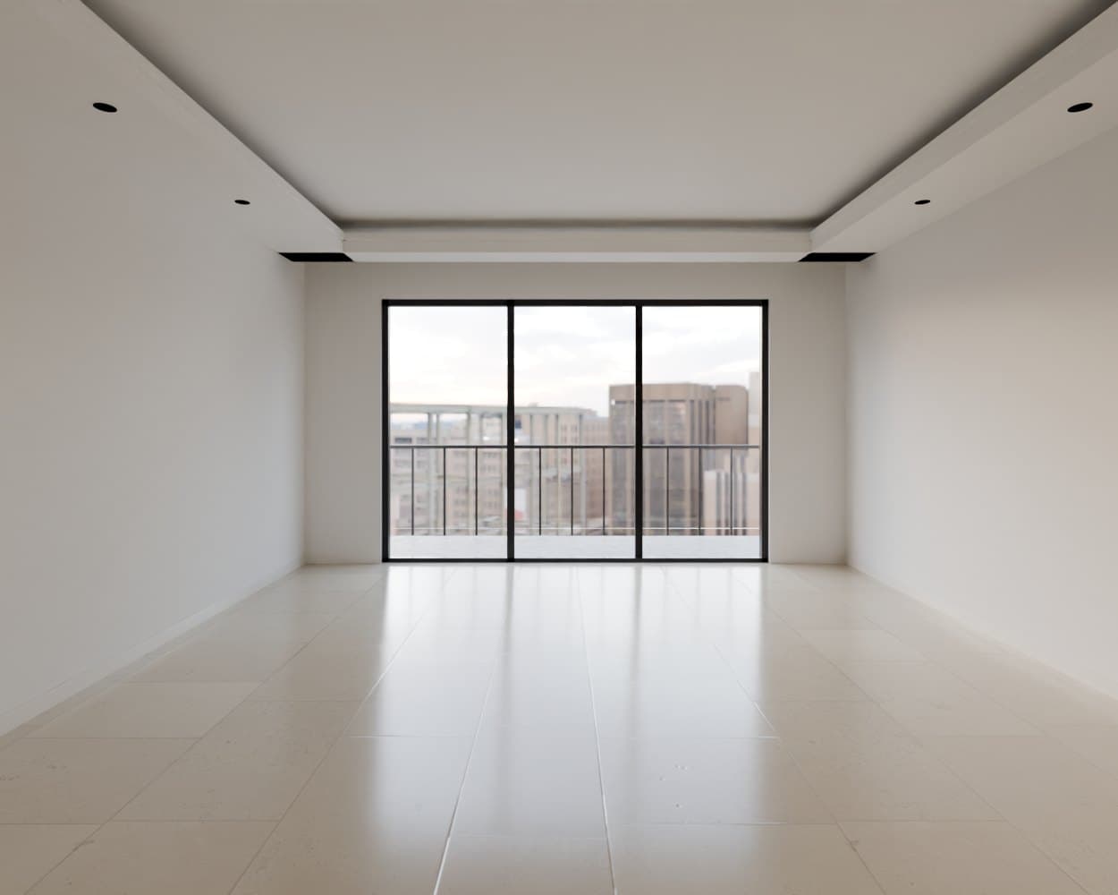 The same room with a false ceiling and downlights, painted walls and a tiled floor.