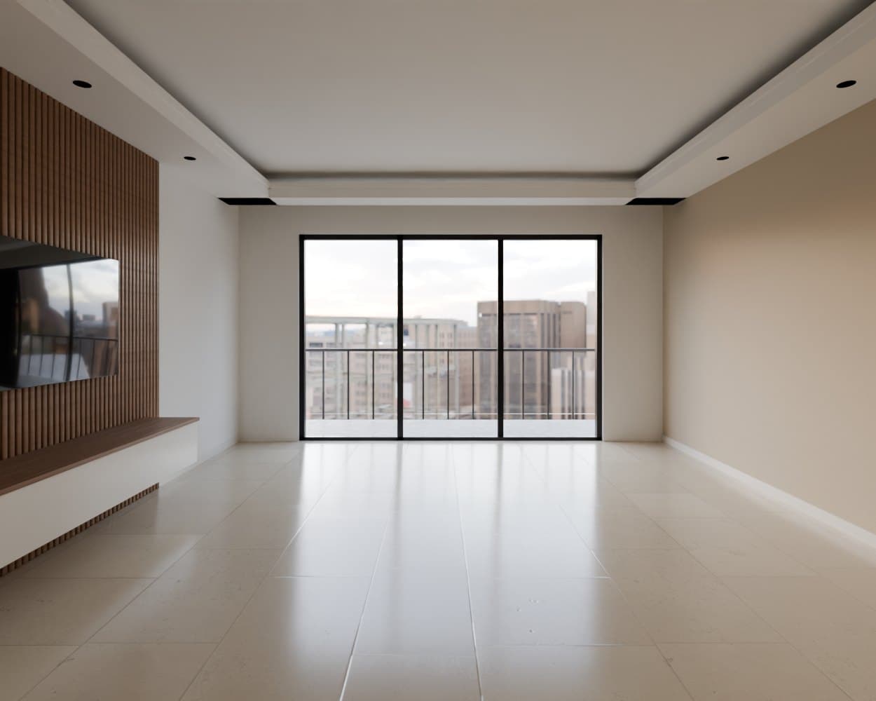 The same room with a fluted wooden TV wall, a floating TV unit and textured wallpaper on the opposite wall.