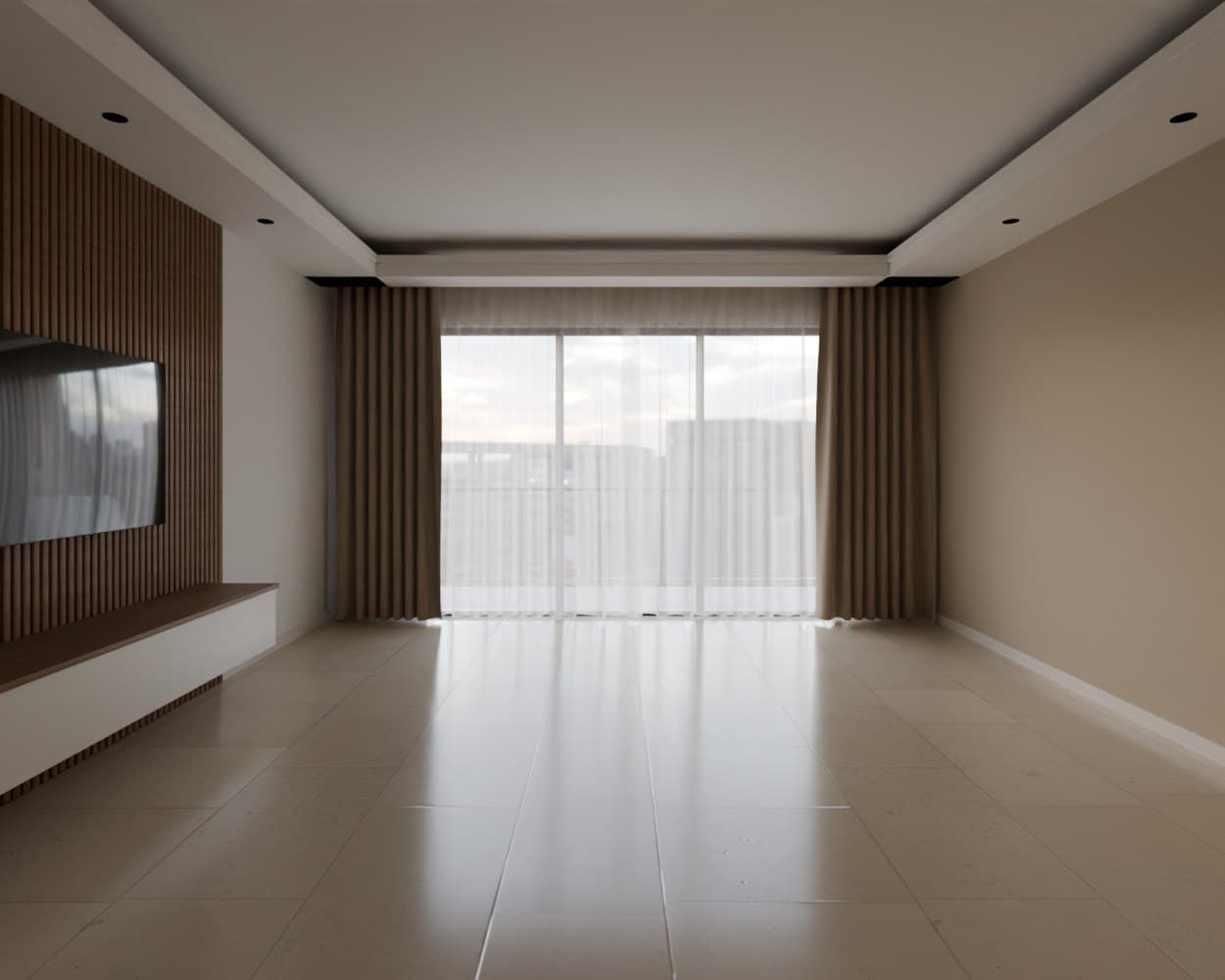 The same room with sheers drawn across the balcony door and lined curtains stacked at each side.