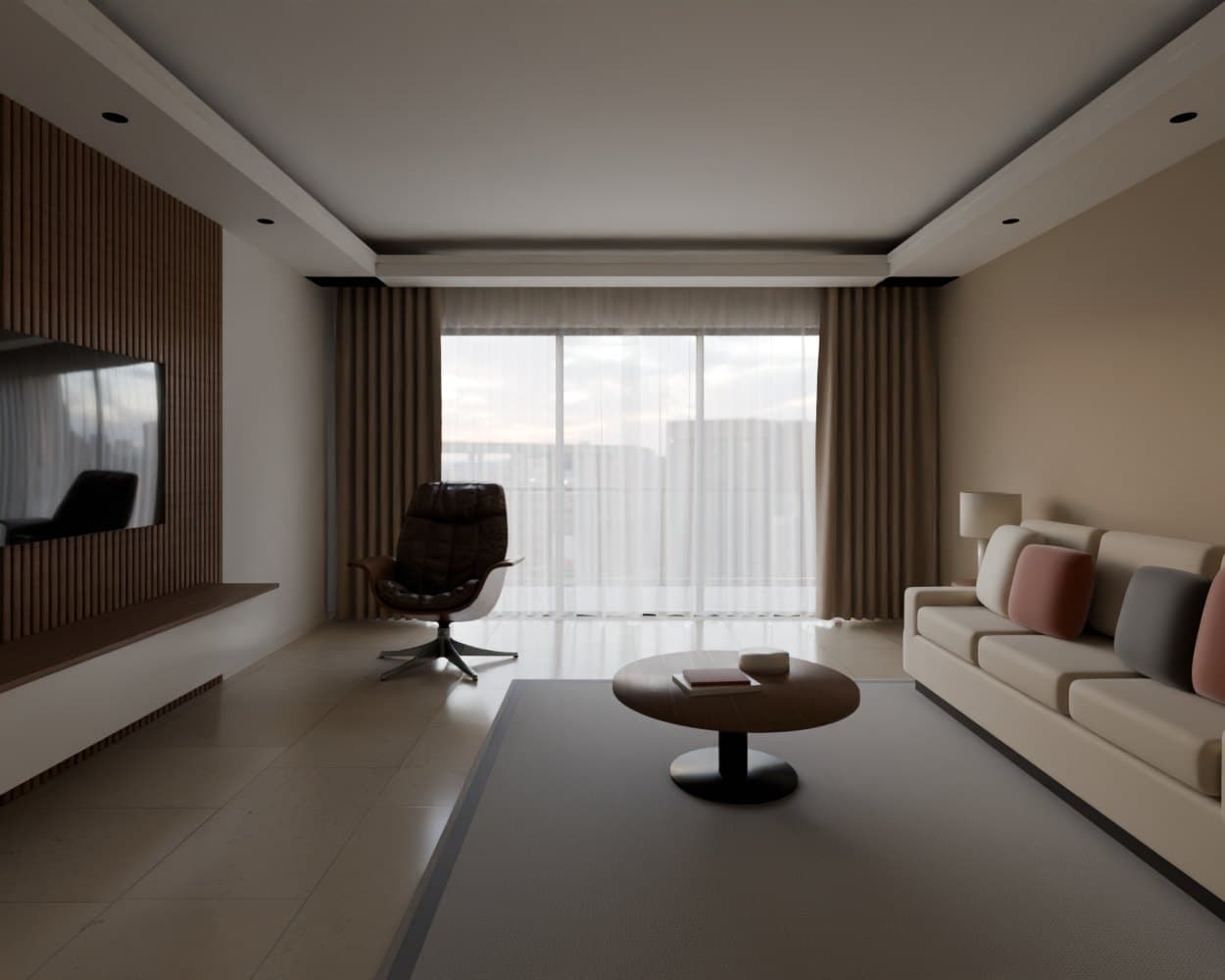 The same room furnished with a linen sofa, rust and charcoal cushions, a rug, a round coffee table and a leather chair.