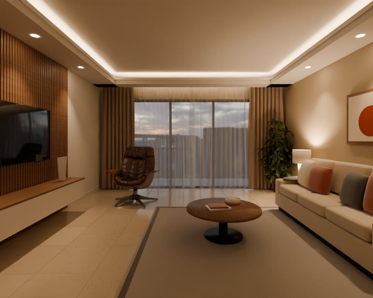 The finished living room in the evening, the cove light and downlights on, a lamp lit, plants and art in place.