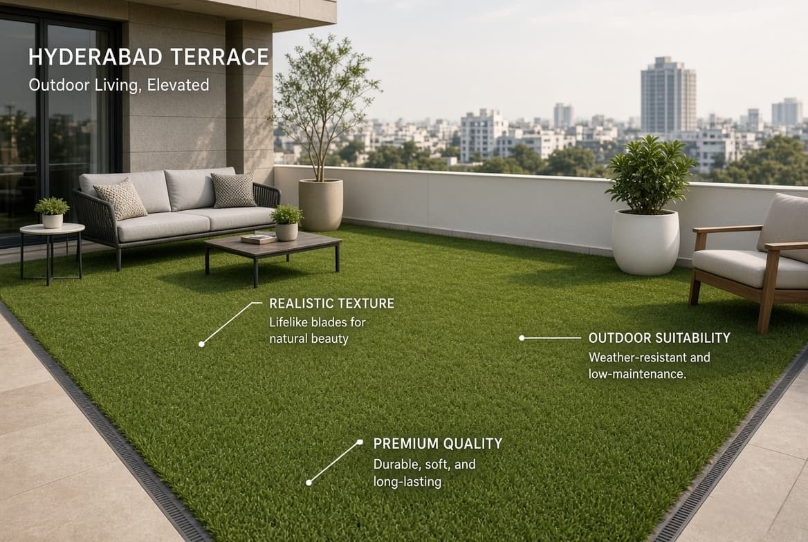 Artificial grass laid across a Hyderabad terrace with outdoor seating