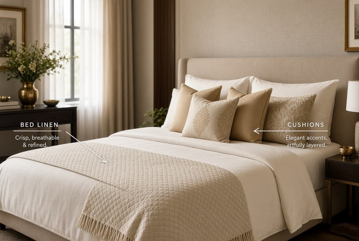 A bed dressed in bed linen with layered cushions