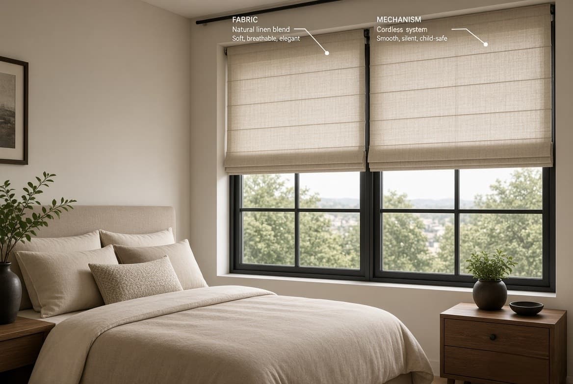 Roman blinds fitted inside the reveal of a bedroom window, gathered clear of the glass