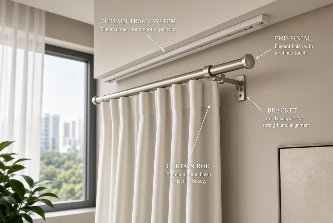 A curtain rod, bracket and finial on a bedroom window, and the track system above it