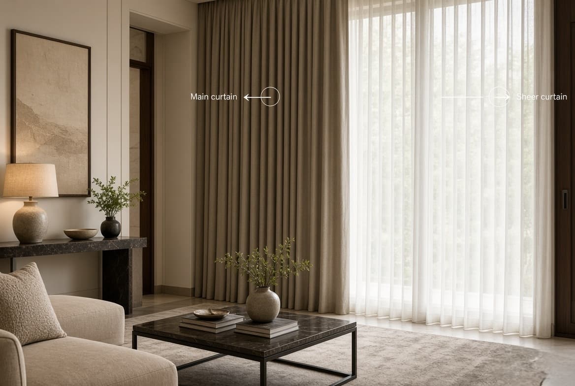 Main curtains layered over a sheer on a full-height window, showing how the two hang together