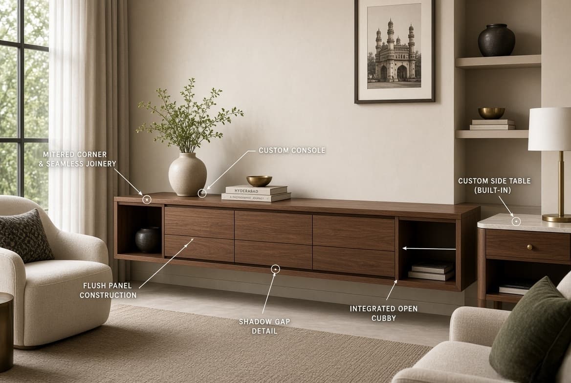 A built-in console and side table made to fit the wall they sit against