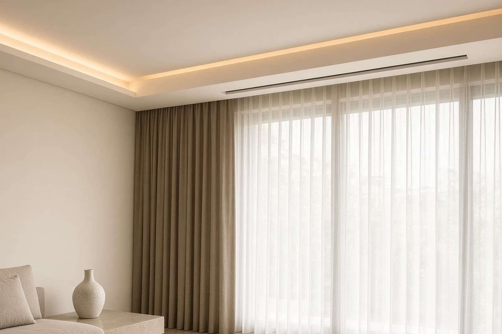 A gypsum false ceiling with cove lighting and a recessed pocket along the window, the curtain track set inside it so no hardware shows above the main curtain and sheer